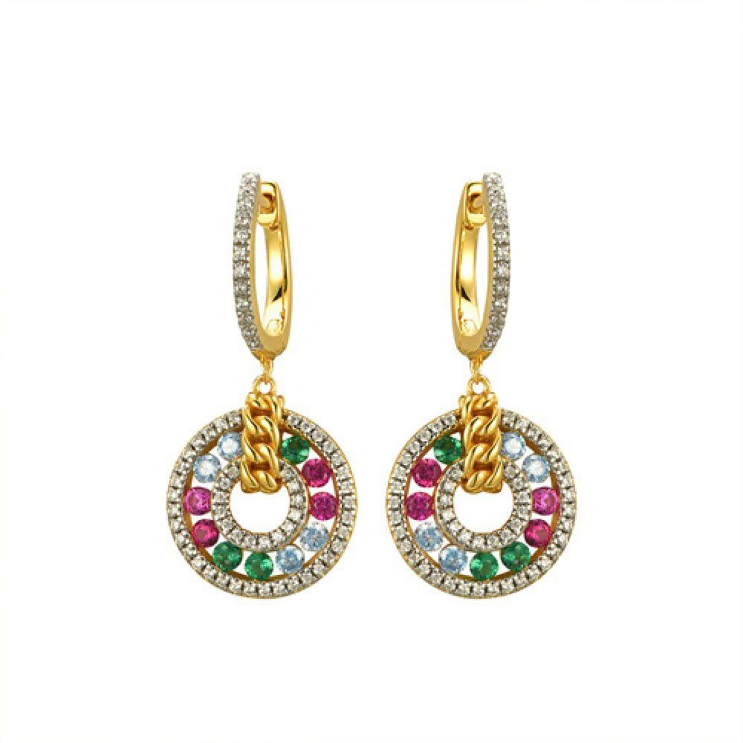 Gold-plated Silver  Rainbow CZ Curb Chain Huggie Drop Earrings - AER177