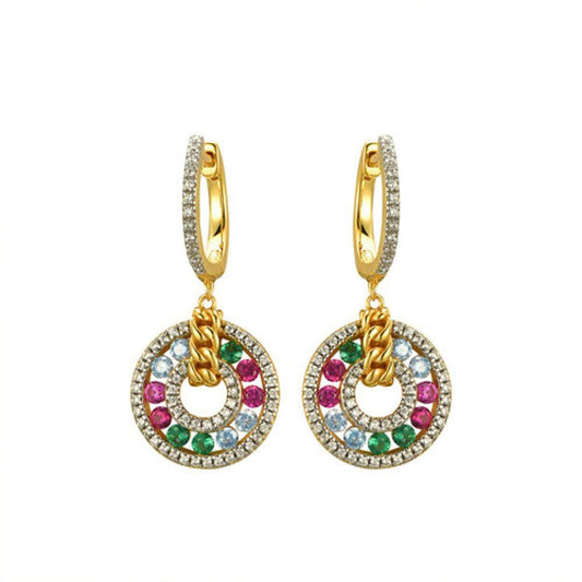 Gold-plated Silver  Rainbow CZ Curb Chain Huggie Drop Earrings - AER177