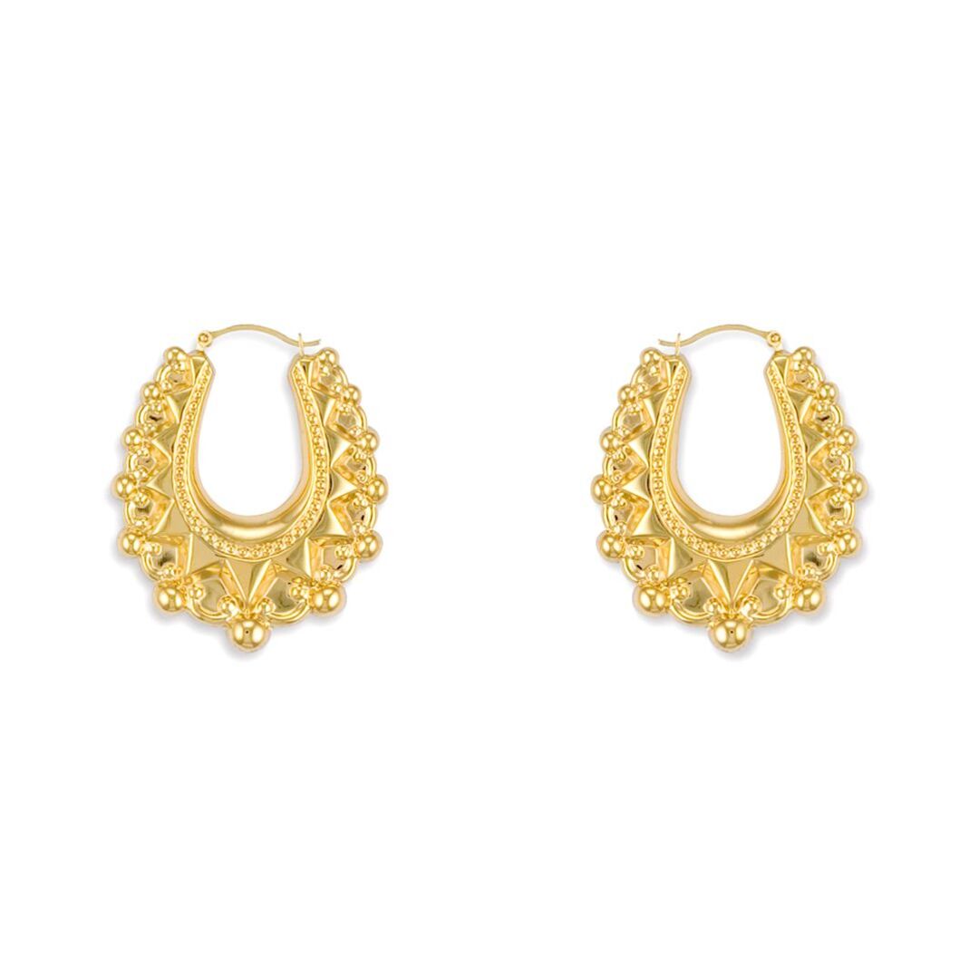 Gold-plated Silver  Oval Pear Spikey Bead Creole Earrings 24mm - AER178A-GP