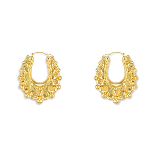 Gold-plated Silver  Oval Pear Spikey Bead Creole Earrings 24mm - AER178A-GP
