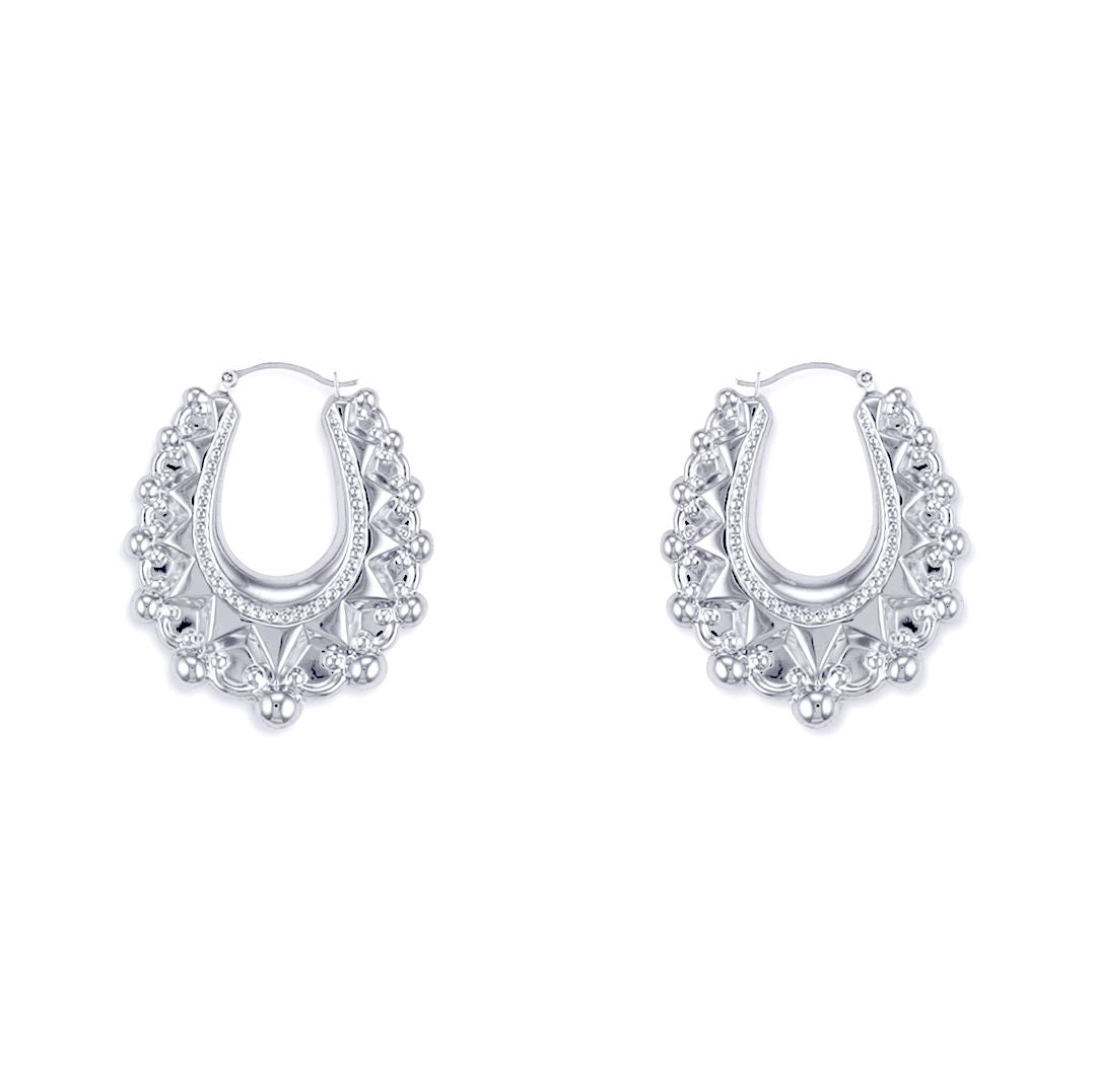 Ladies Sterling Silver  Oval Pear Spikey Bead Creole Earrings 24mm - AER178A