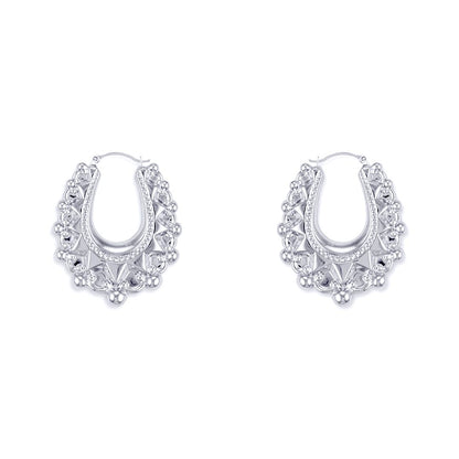 Ladies Sterling Silver  Oval Pear Spikey Bead Creole Earrings 24mm - AER178A