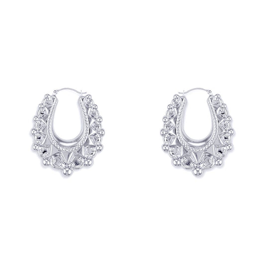 Ladies Sterling Silver  Oval Pear Spikey Bead Creole Earrings 24mm - AER178A