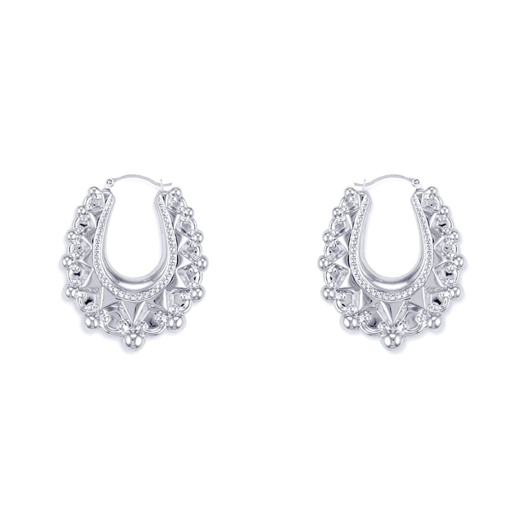 Ladies Sterling Silver  Oval Pear Spikey Bead Creole Earrings 24mm - AER178A
