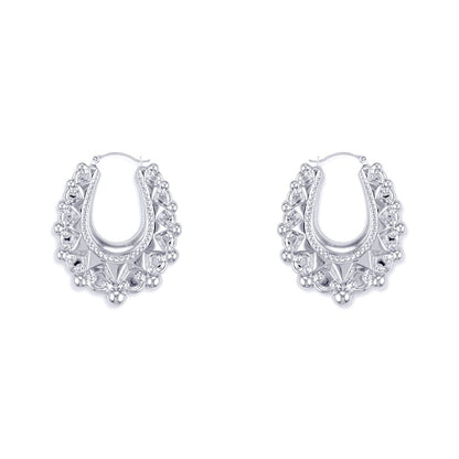 Ladies Sterling Silver  Oval Pear Spikey Bead Creole Earrings 24mm - AER178A