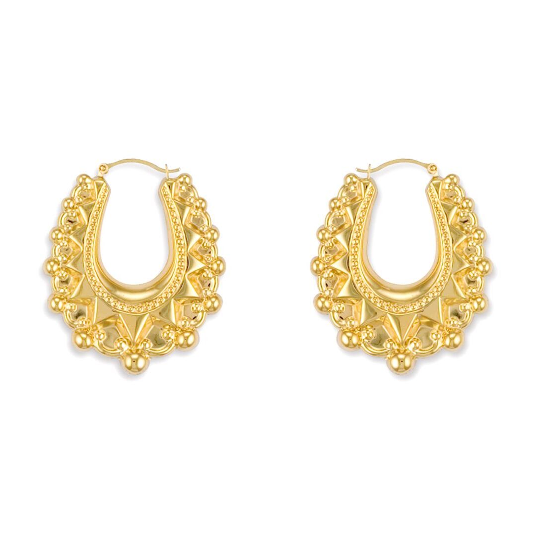 Gold-plated Silver  Oval Pear Spikey Bead Creole Earrings 31mm - AER178B-GP