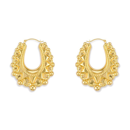 Gold-plated Silver  Oval Pear Spikey Bead Creole Earrings 31mm - AER178B-GP