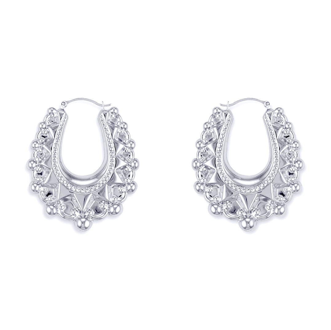 Ladies Sterling Silver  Oval Pear Spikey Bead Creole Earrings 31mm - AER178B