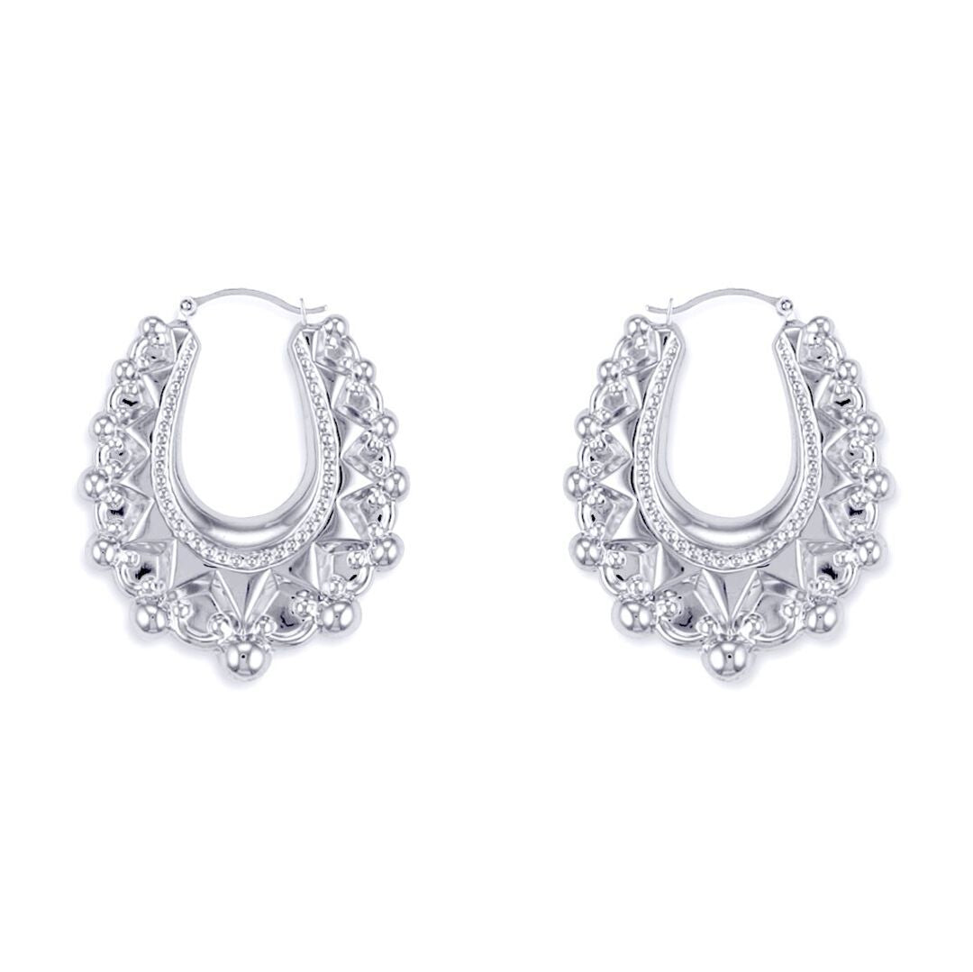Ladies Sterling Silver  Oval Pear Spikey Bead Creole Earrings 31mm - AER178B