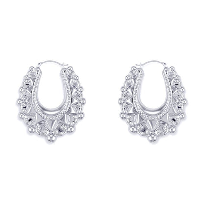 Ladies Sterling Silver  Oval Pear Spikey Bead Creole Earrings 31mm - AER178B