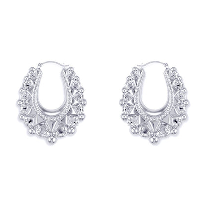 Ladies Sterling Silver  Oval Pear Spikey Bead Creole Earrings 31mm - AER178B