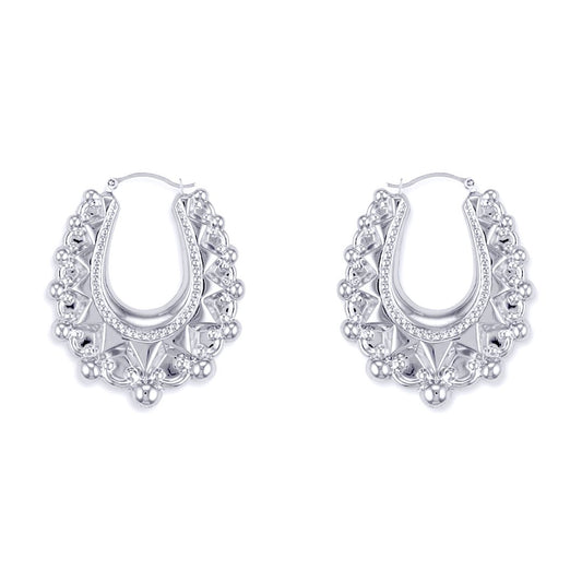 Ladies Sterling Silver  Oval Pear Spikey Bead Creole Earrings 31mm - AER178B