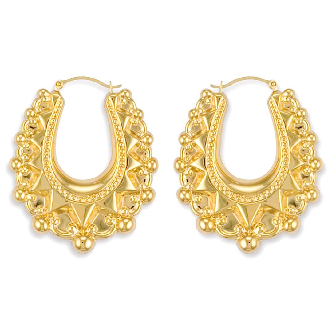 Gold-plated Silver  Oval Pear Spikey Bead Creole Earrings 41mm - AER178C-GP