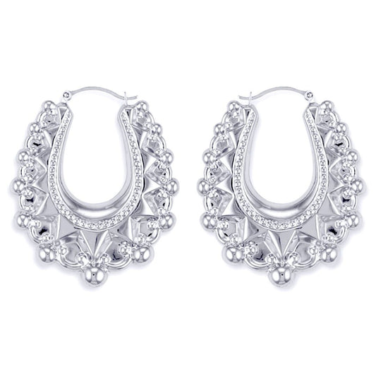 Ladies Sterling Silver  Oval Pear Spikey Bead Creole Earrings 41mm - AER178C