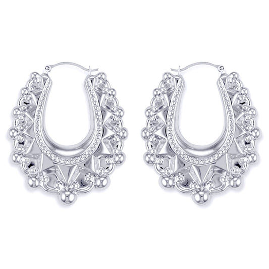 Ladies Sterling Silver  Oval Pear Spikey Bead Creole Earrings 41mm - AER178C