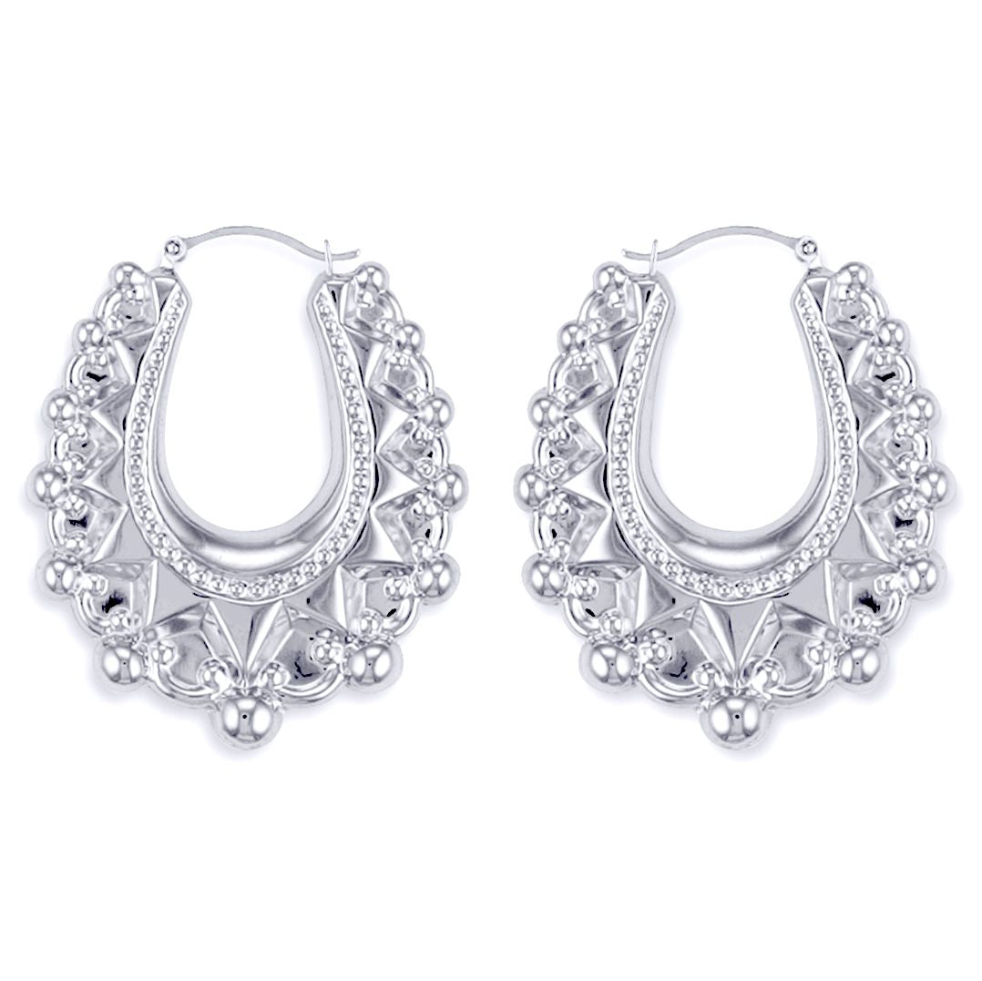 Ladies Sterling Silver  Oval Pear Spikey Bead Creole Earrings 41mm - AER178C