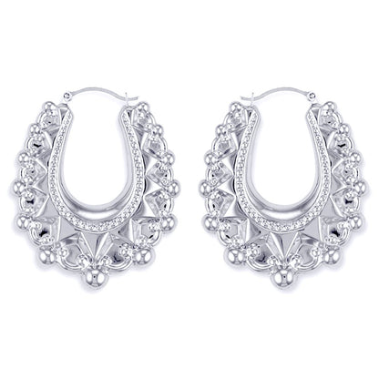 Ladies Sterling Silver  Oval Pear Spikey Bead Creole Earrings 41mm - AER178C