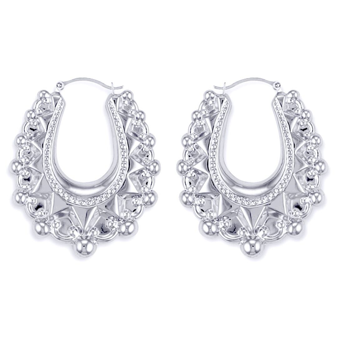 Ladies Sterling Silver  Oval Pear Spikey Bead Creole Earrings 41mm - AER178C