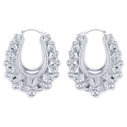 Ladies Sterling Silver  Oval Pear Spikey Bead Creole Earrings 41mm - AER178C
