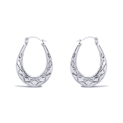 Ladies Sterling Silver  Pear Diamond Pattern Creole Earrings 27mm - AER179A