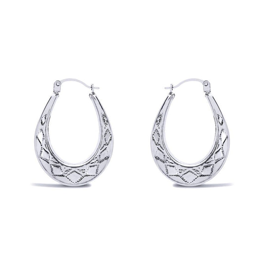 Ladies Sterling Silver  Pear Diamond Pattern Creole Earrings 27mm - AER179A