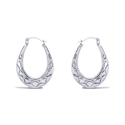 Ladies Sterling Silver  Pear Diamond Pattern Creole Earrings 27mm - AER179A