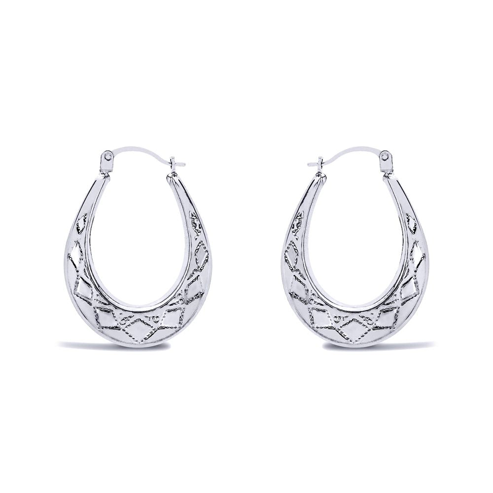 Ladies Sterling Silver  Pear Diamond Pattern Creole Earrings 27mm - AER179A