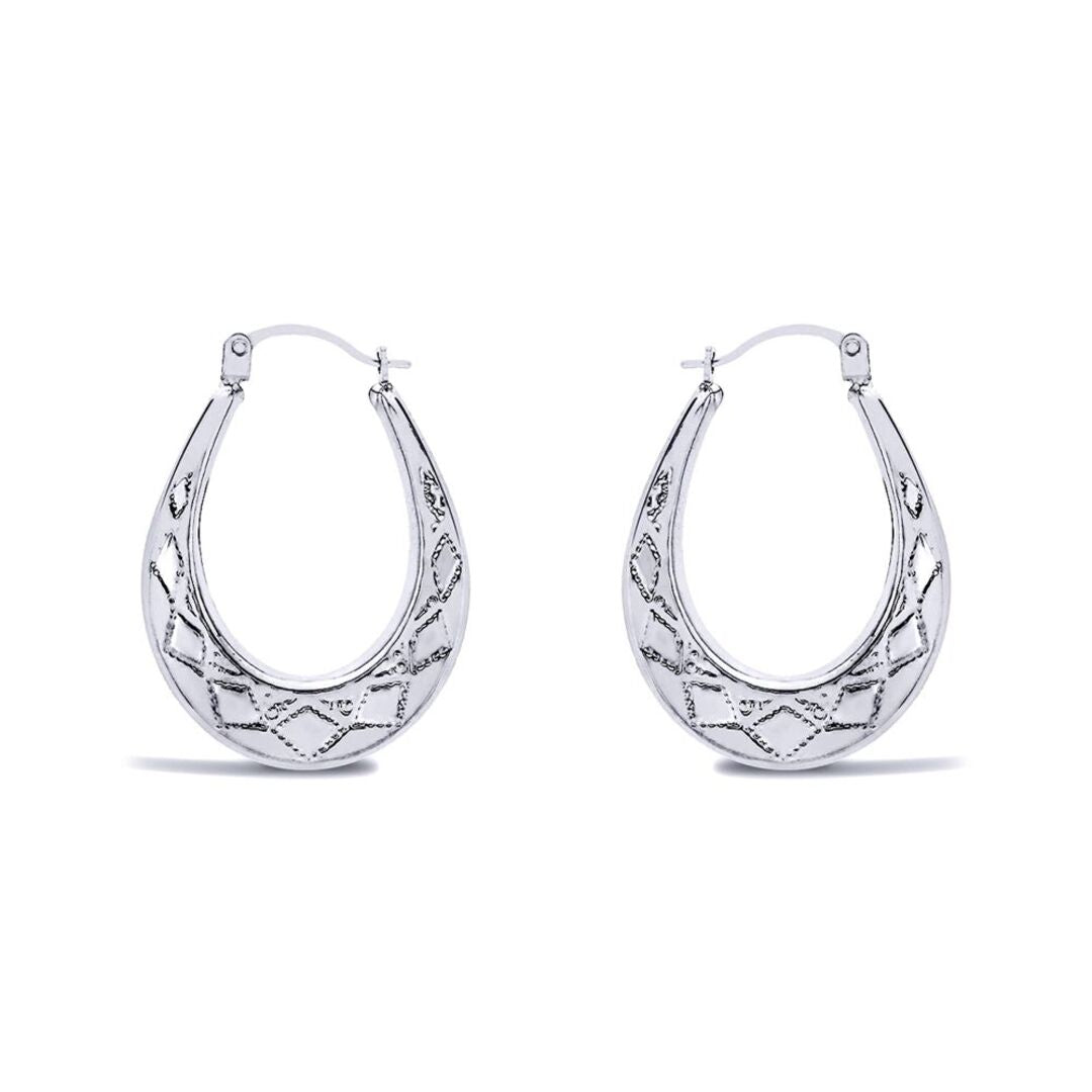 Ladies Sterling Silver  Pear Diamond Pattern Creole Earrings 27mm - AER179A