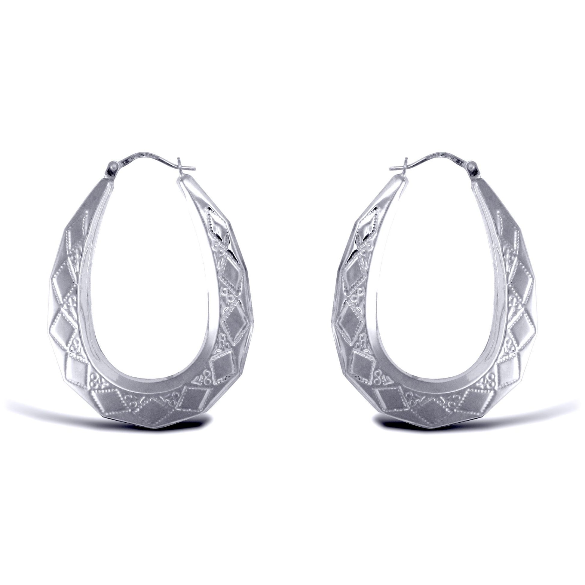 Ladies Sterling Silver  Pear Diamond Pattern Creole Earrings 40mm - AER179B