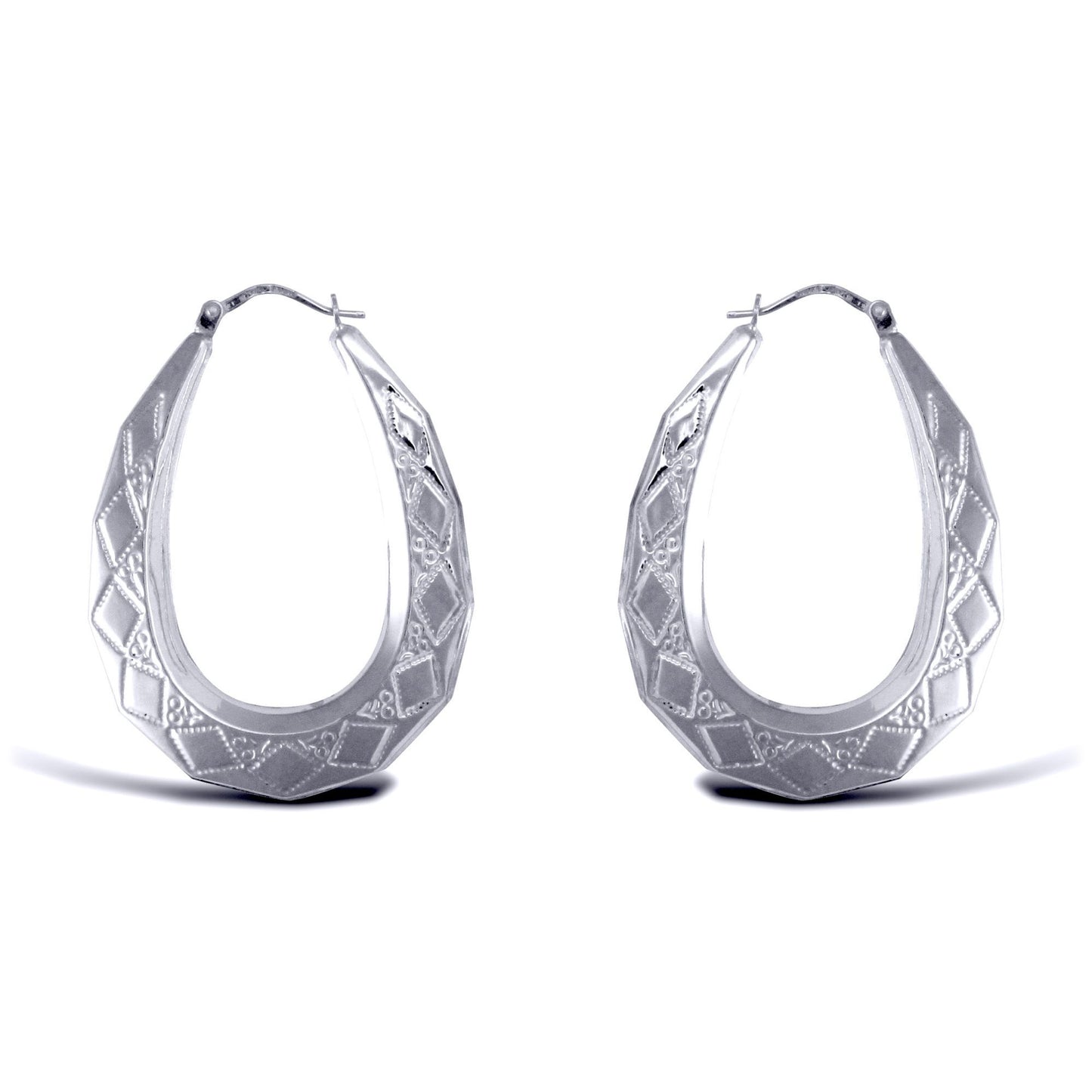 Ladies Sterling Silver  Pear Diamond Pattern Creole Earrings 40mm - AER179B