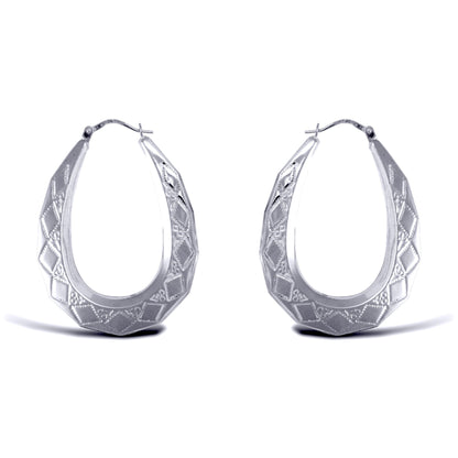 Ladies Sterling Silver  Pear Diamond Pattern Creole Earrings 40mm - AER179B