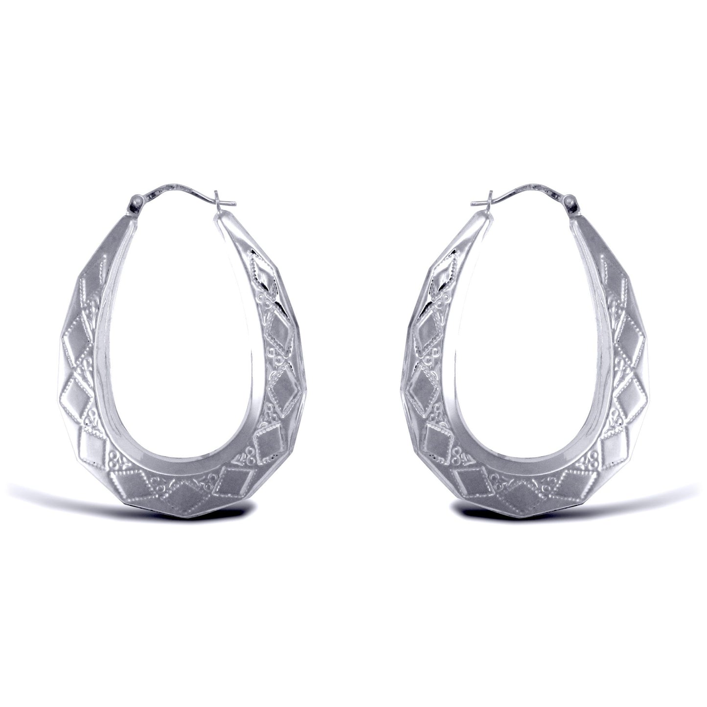 Ladies Sterling Silver  Pear Diamond Pattern Creole Earrings 40mm - AER179B