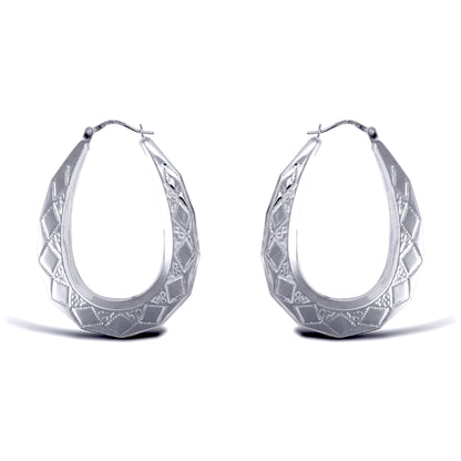 Ladies Sterling Silver  Pear Diamond Pattern Creole Earrings 40mm - AER179B