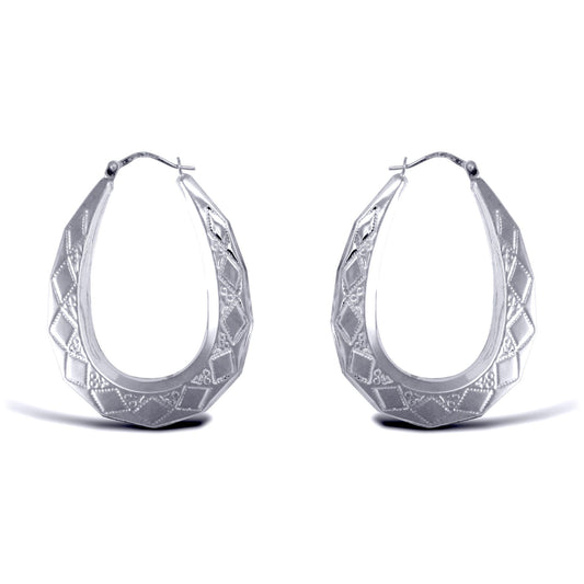 Ladies Sterling Silver  Pear Diamond Pattern Creole Earrings 40mm - AER179B