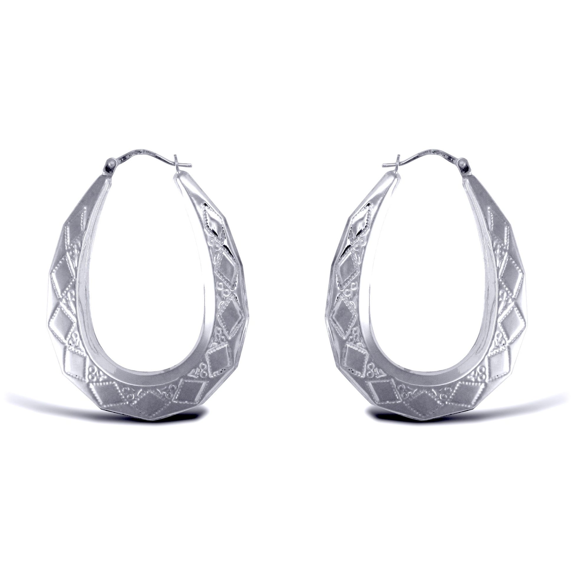 Ladies Sterling Silver  Pear Diamond Pattern Creole Earrings 40mm - AER179B