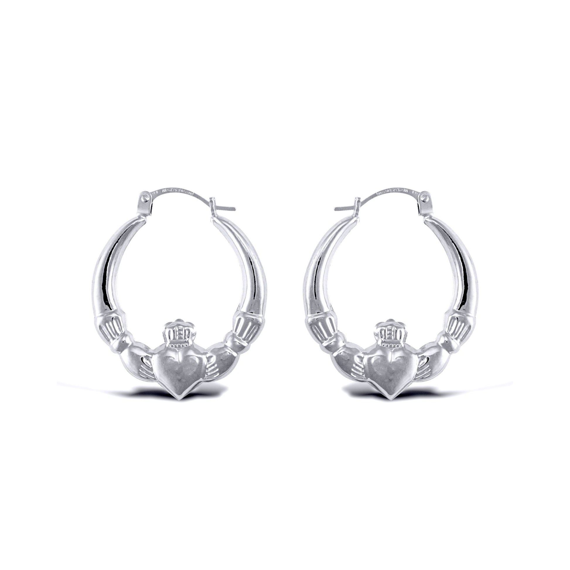 Ladies Sterling Silver  Love Heart Claddagh Creole Earrings 23mm - AER180