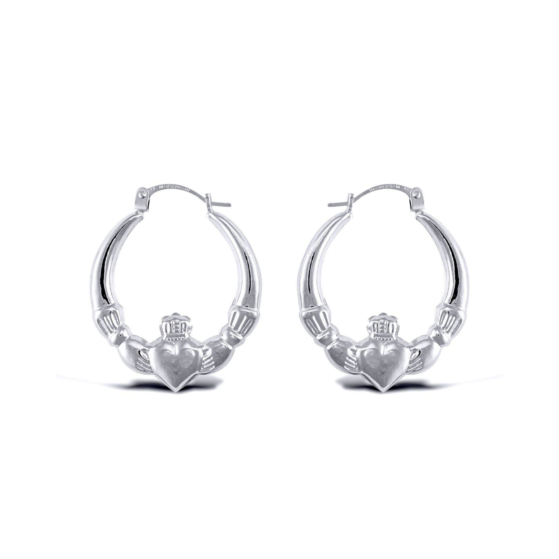 Ladies Sterling Silver  Love Heart Claddagh Creole Earrings 23mm - AER180