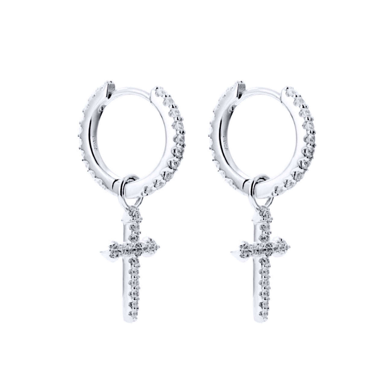 Silver  CZ Pave Arrow Cross Dangle Hoop Drop Earrings - AER182