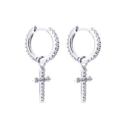 Silver  CZ Pave Arrow Cross Dangle Hoop Drop Earrings - AER182