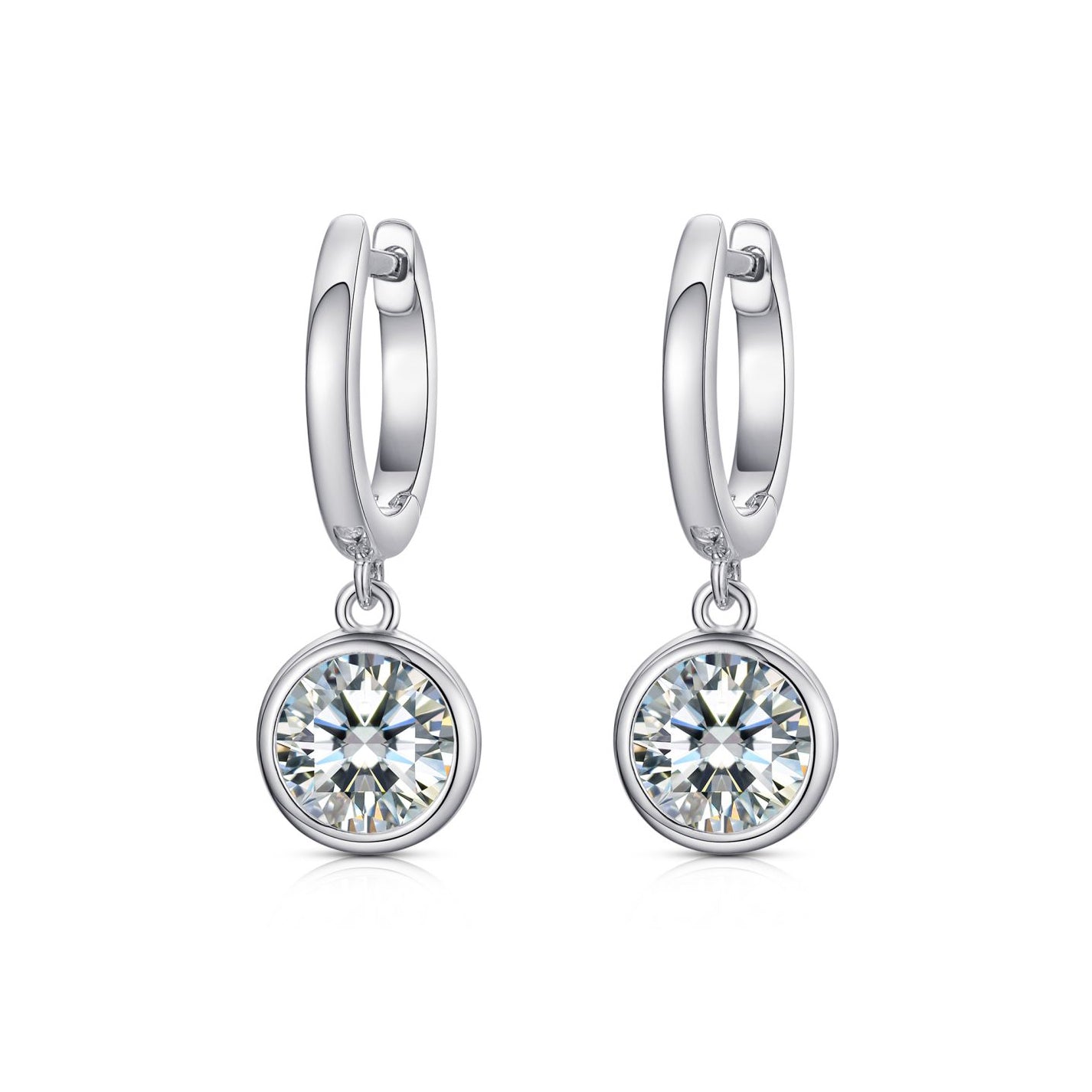 Silver  Round CZ Bezel Solitaire Hoop Drop Earrings - AER183