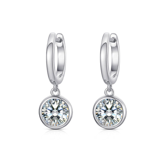 Silver  Round CZ Bezel Solitaire Hoop Drop Earrings - AER183