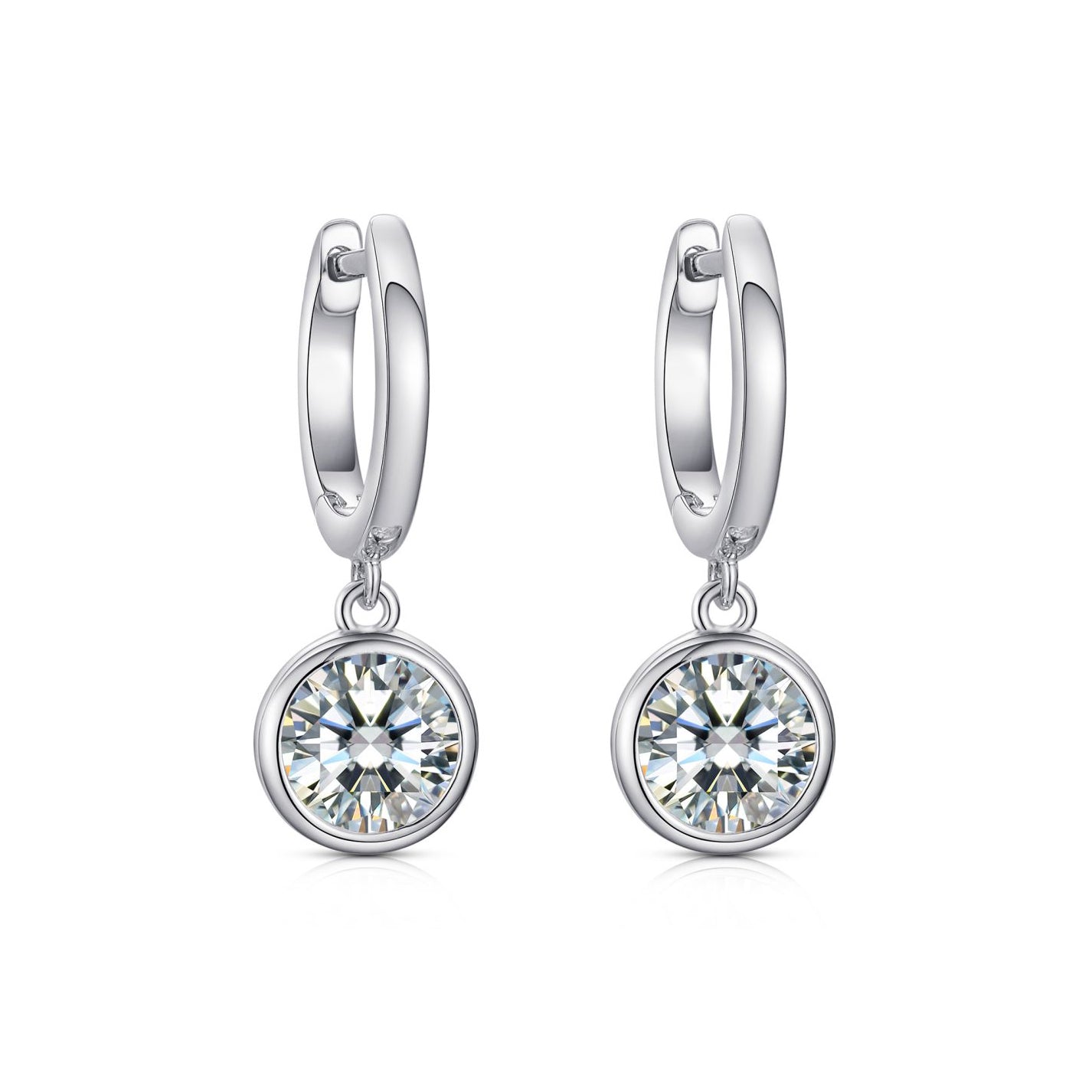Silver  Round CZ Bezel Solitaire Hoop Drop Earrings - AER183
