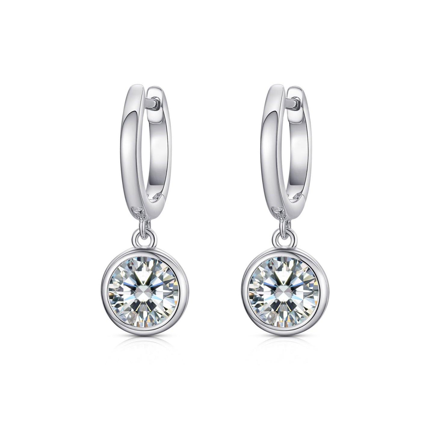 Silver  Round CZ Bezel Solitaire Hoop Drop Earrings - AER183