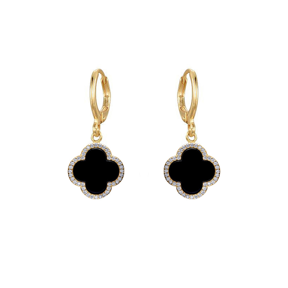 Gold-plated Silver  Black Clover Onyx CZ Charm Halo Drop Earrings - AER185-GP