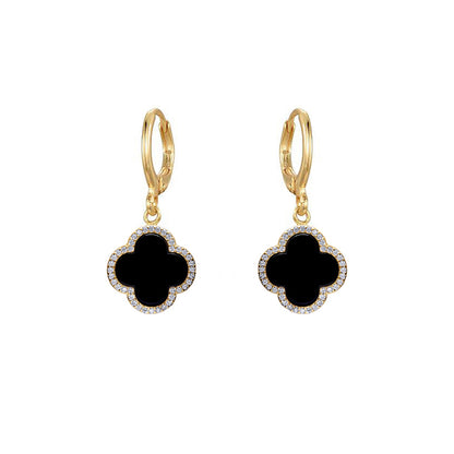 Gold-plated Silver  Black Clover Onyx CZ Charm Halo Drop Earrings - AER185-GP