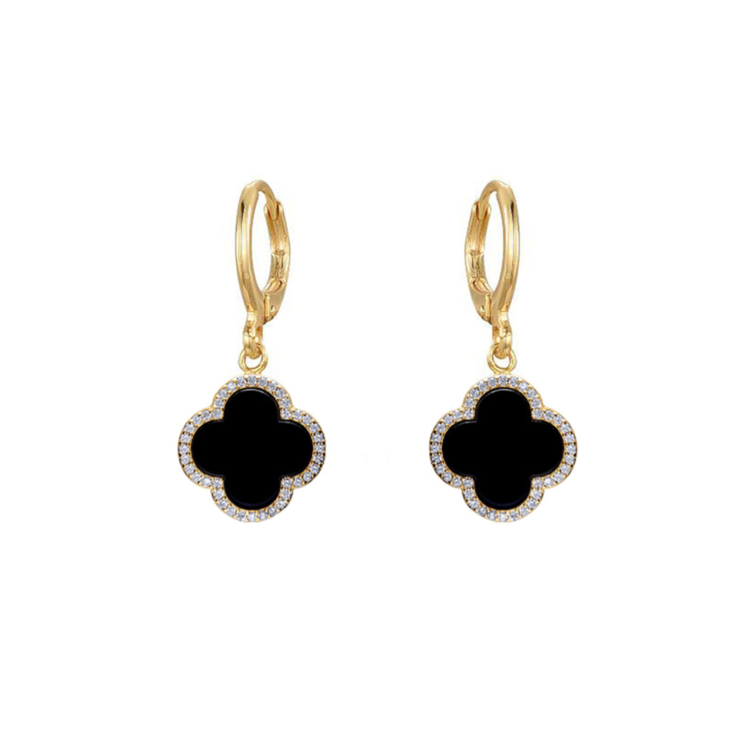 Gold-plated Silver  Black Clover Onyx CZ Charm Halo Drop Earrings - AER185-GP