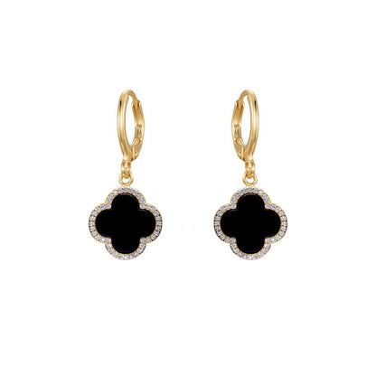 Gold-plated Silver  Black Clover Onyx CZ Charm Halo Drop Earrings - AER185-GP