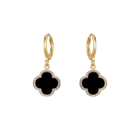 Gold-plated Silver  Black Clover Onyx CZ Charm Halo Drop Earrings - AER185-GP