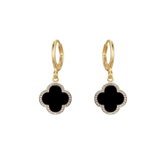 Gold-plated Silver  Black Clover Onyx CZ Charm Halo Drop Earrings - AER185-GP