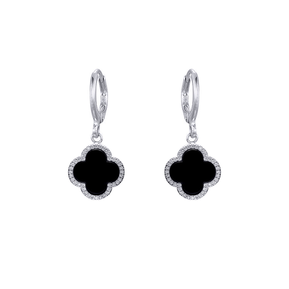 Silver  Black Clover Onyx & CZ Lucky Charm Halo Drop Earrings - AER185